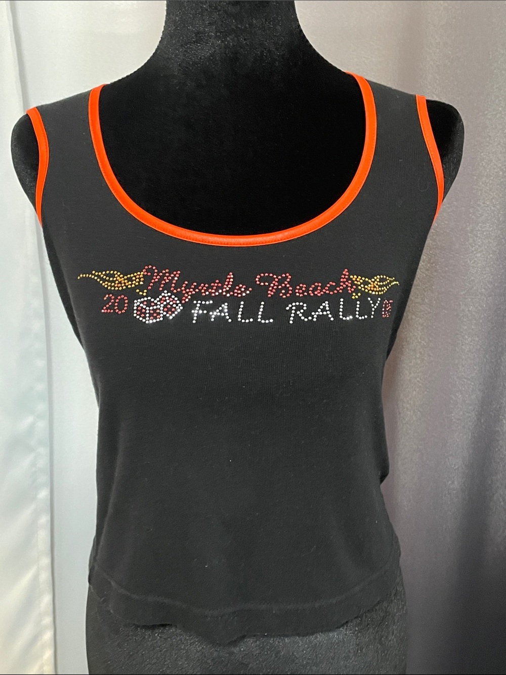 Black Tank Top with Orange Trim and Rhinestone Fall Rally Detail